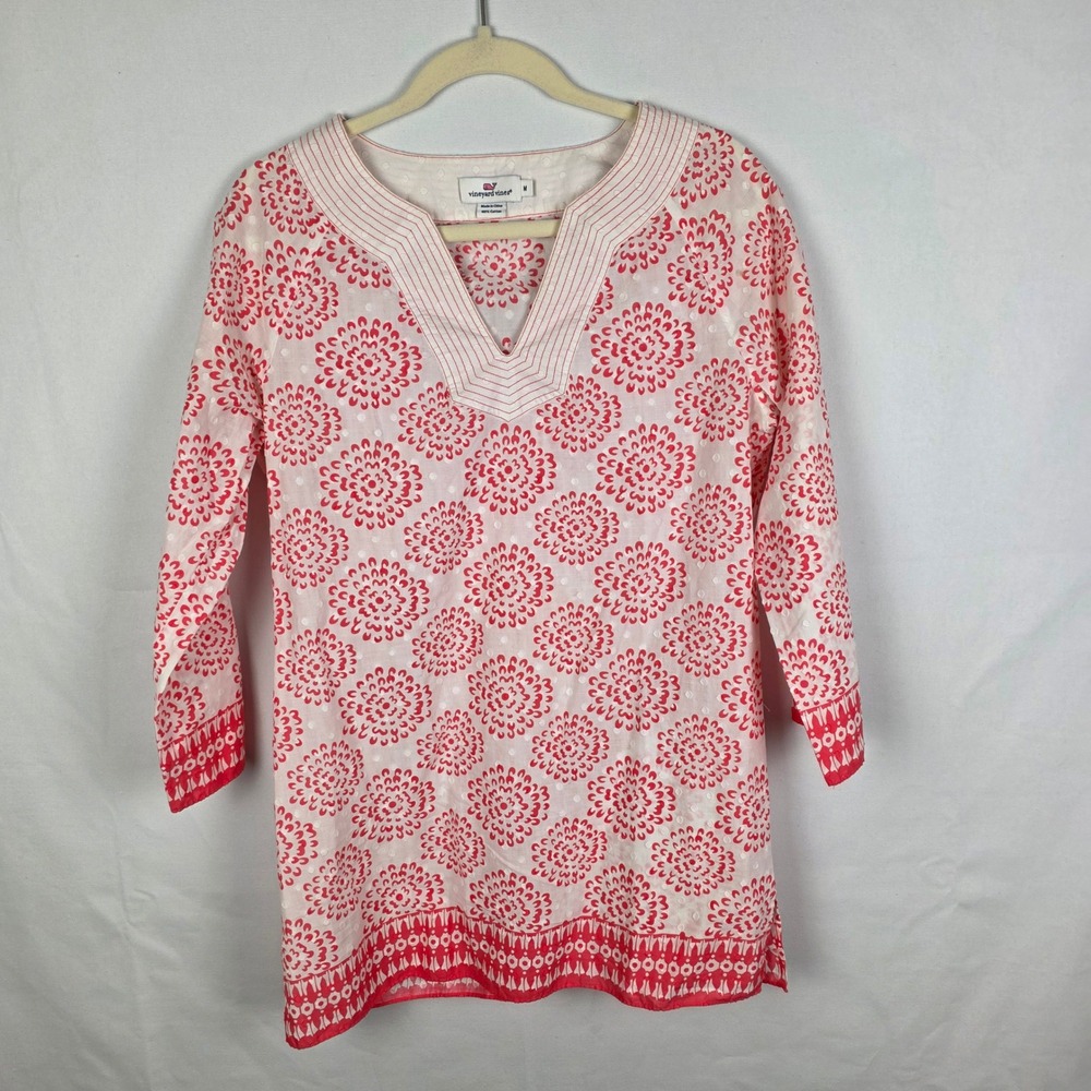 Vineyard Vines Womens Red White Floral Medallion Swiss Dot Cotton‎ Tunic Top M